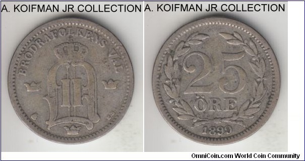 KM-739, 1897 Sweden 25 ore; silver, plain edge; Oscar II, average circulated fine.