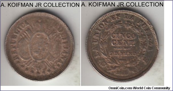 KM-157.2, 1886 Bolivia 5 centavos, Potosi mint (PTS in monogram); silver, reeded edge; uncirculated as minted - very high rims protected all of the devices (and prevented scanner from proper focusing), but the coin is weakly/poorly struck with soft obverse details, metal cuds at the rim and partial edge milling, due to loose or work collar, typical Bolivian strike.