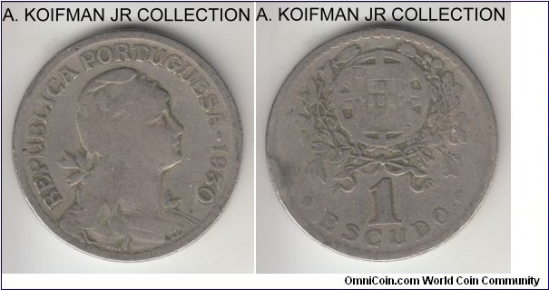 KM-578, 1930 Portugal escudo; copper-nickel, reeded edge; scarcer year but well worn and a rim bump.