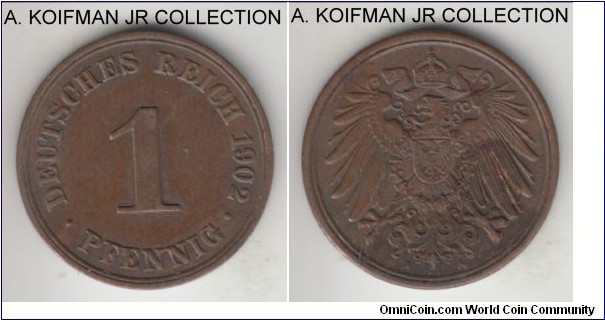 KM-10, 1902 Germany (Empire) pfennig, Berlin mint (A mint mark); copper, plain edge; Wilhelm II, good extra fine or so, reverse stain.
