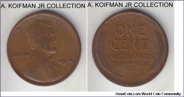KM-132, 1914 United States of America cent, Phildelphia mint (no mint mark); bronze, plain edge; Lincoln 