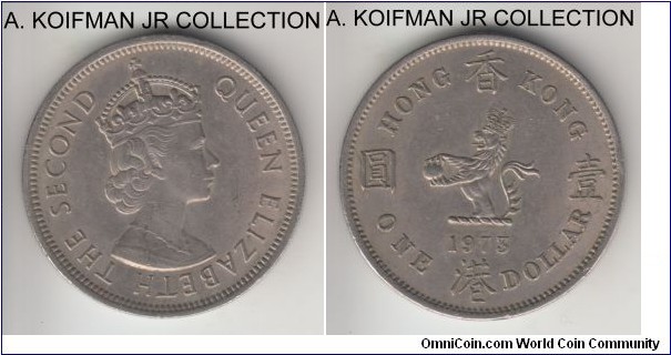 KM-35, 1973 Hong Kong dollar, Royal Mint (no mint mark); copper-nickel, reeded edge; Elizabeth II, British possession circulation coinage, smaller mintage year, good extra fine or so.