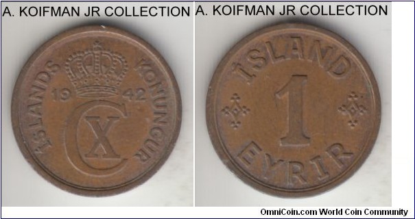 KM-5.2, 1942 Iceland eyrir; bronze, plain edge; Christian V, light brown good very fine to extra fine.