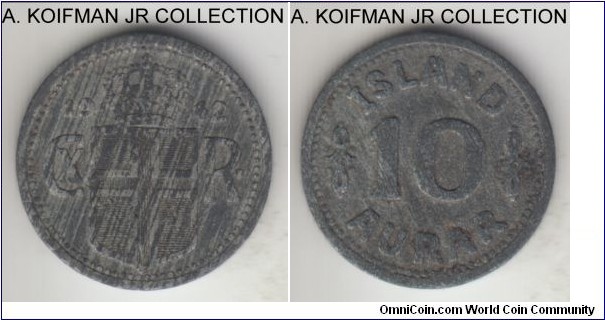 KM-1a, 1942 Iceland 10 aurar; zinc, reeded edge; Christian X, a war-time variation of the type, minted in zinc dur to nickel shortage and usual zinc streaky toning, very fine to extra fine, hard to judge.