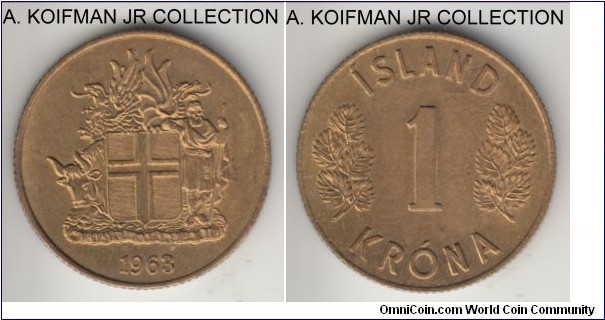 KM-12a, 1963 Iceland krona; nickel-brass, reeded edge; second post-war type, uncirculated.