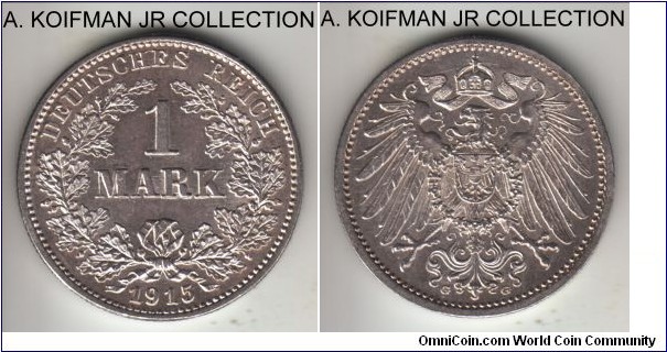 KM-14, 1915 Germany (Empire) mark, Karlsruhe mint (G mint mark); silver, reeded edge; Wilhelm II, late war time, mostly bright uncirculated, some reverse toning in the fields.