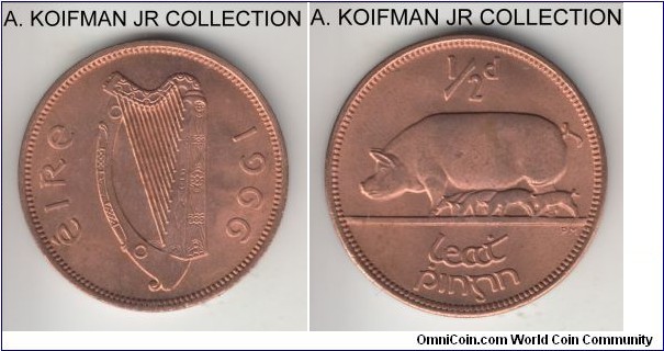 KM-10, 1966 Ireland half penny; bronze, plain edge; Republic, mostly red uncirculated.