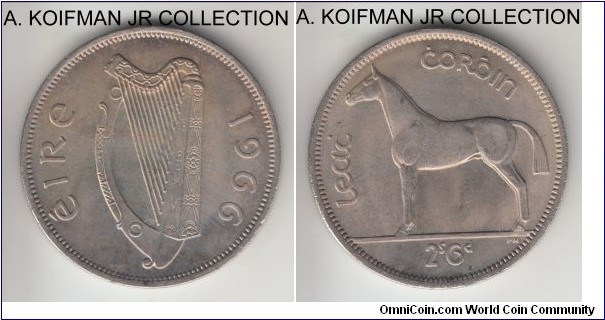 KM-16a, 1966 Ireland 1/2 crown; copper-nickel, reeded edge; late Republican pre-decimal coin, smaller mintage, decent uncirculated.