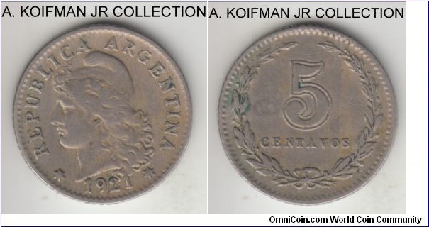 KM-34, 1921 Argentina 5 centavos; copper-nickel, reeded edge; common type and year, average circulated.