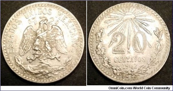 Mexico 20 centavos.
1942, Ag 720.
