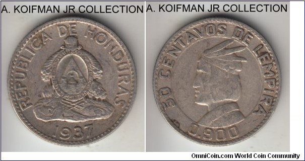 KM-74, 1937 Honduras 50 centavos de lempira, Philadelphia mint (no mint mark); silver, reeded edge; good very fine or so, overall toning.