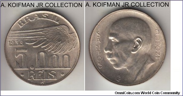 KM-543, 1938 Brazil 5000 reis; silver, reeded edge; last of the 3-year type circulation commemorating aviator Alberto Santos Dumont, uncirculated or almost.