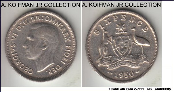 KM-45, 1950 Australia 6 pence, Melbourne mint (no mint mark); silver, reeded edge; late George VI, average circulated.