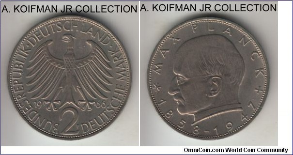 KM-116, 1966 Germany 2 marks, Stuttgart mint (F mint mark); copper-nickel, lettered edge; Max Planck circulation commemorative issue, toned high grade uncirculated.