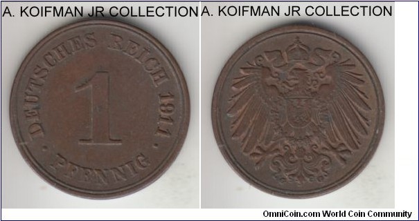 KM-10, 1911 German (Empire) pfennig, Karlsruhe  (G mint mark); copper, plain edge; Wilhelm I, brown toned uncirculated or almost.