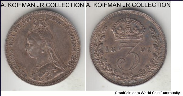 KM-758, 1891 Great Britain 3 pence; silver, plain edge; Victoria, Jubilee head type, good extra fine or better.