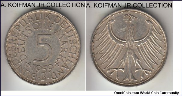 KM-112.1, Germany 5 mark, Munich mint (D mint mark); silver, lettered edge; scarcer year/mint of just 496,000 minted, good very fine to extra fine, small edge bump on obverse.
