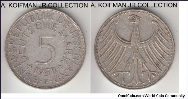 KM-112.1, Germany 5 mark, Stuttgart mint (F mint mark); silver, lettered edge; scarcer year/mint of 600,000 minted, very fine or about, small edge bump on reverse.