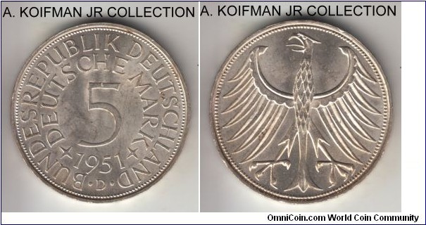 KM-112.1, Germany 5 mark, Munich mint (D mint mark); silver, lettered edge; first of the type, average uncirculated.