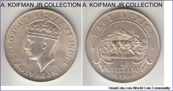 KM-28.4, 1946 East Africa shilling, Pretoria (South Africa) mint (SA mintmark), silver, reeded edge; George VI, last year of the type, scarce in bright uncirculated state.