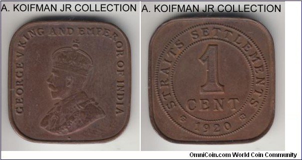 KM-32, 1920 Straits Settlements cent; bronze, square flan, plain edge; George V, brown extra fine or better details, old cleaning.