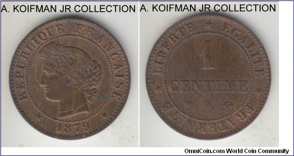 KM-826, 1879 France centime, Paris mint (A mint mark); bronze, plain edge; Third Republic, series with small mintages, mostly brown uncirculated or almost, small obv spot.