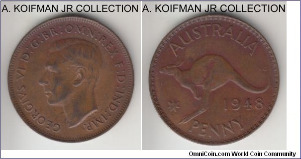 KM-36, 1948 Australia penny, Melbourne mint (no dot after PENNY); bronze, plain edge; George VI, more common mint, brown very fine or so.