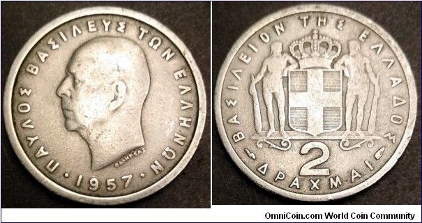 Greece 2 drachmai.
1957 (II)