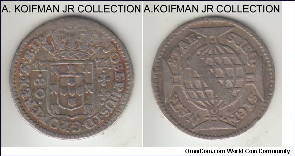 KM-190.2, 1771 Brazil (Empire) 80 reis; silver, reeded edge; Jose I, small denomination type are scarce, SUBQ variety, good fine, was likely part of jewelry, Numista shows the mintage of 210,728 pieces which is high for the type.