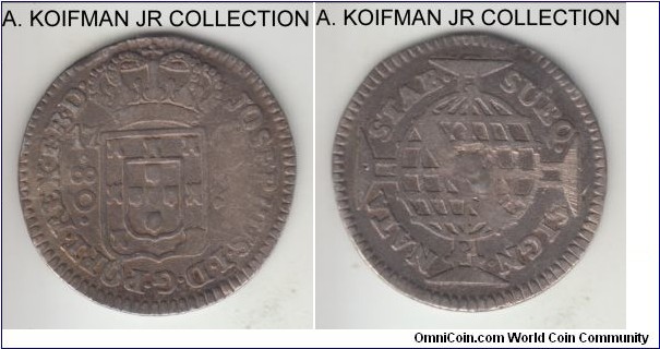 KM-190.2, 1768 Brazil (Colony) 80 reis, Lisbon mint; silver, laurel corded edge; Jose I, SUBQ variety with periods, good fine or better, ex-jewelry (reverse).