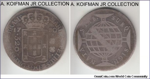 KM-206, 1780 Brazil 320 reis, Lisbon mint; silver, corded edge; Maria I and Pedro III, early Brazil mintage, can't determine of it is low or high crown variety, period over Q in SUBQ, Krause lists mintage of 63,000, very good or so.