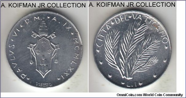 KM-116, 1971 Vatican lira; aluminum, plain edge; Paul VI, year IX, mintage 110,000, bright uncirculated, small reverse aluminum rust spot.