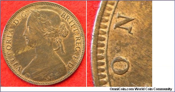 UK penny. 1860 N/Z. Variant of Freeman 10. [20321]