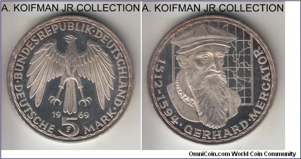 KM-126.1, 1969 Germany 5 mark, Stuttgart mint (F mintmark); proof, silver, lettered edge; Death of Gerhard Mercator commemorative, looks to be proof specimen, some peripheral toning.