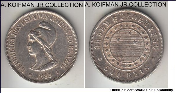 KM-494, 1889 Brazil (Republic) 500 reis; silver, reeded edge; first Republic coinage, Liberty head 1-year type, very fine to good very fine, cleaned.
