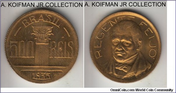 KM-533, 1935 Brazil 500 reis; aluminum-bronze, reeded edge; Regent Antonio Feijo circulation commemorative, scarce with mintage of 14,000 (Krause) or 14,999 (Numista), slight weakness in reverse strike, and a bit of toning, otherwise bright uncirculated specimen.