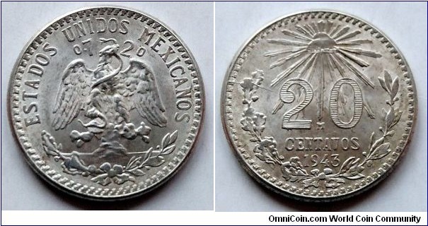 Mexico 20 centavos.
1943, Ag 720. Weight; 3.33g. Mintage: 3.955.000 pcs.