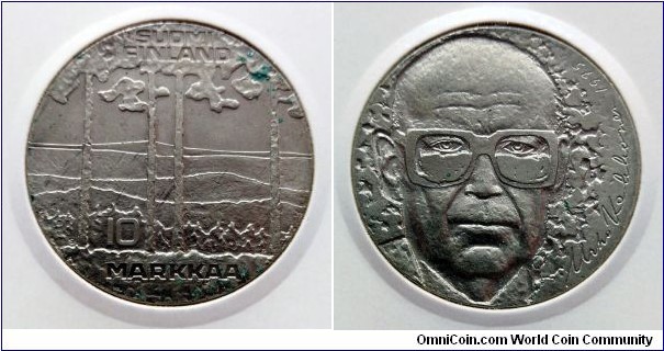Finland 10 markkaa.
1975, 75th Anniversary of Birth of President Kekkonen. Ag 500. Weight; 23.5g. Mintage: 1.000.000 pcs.

