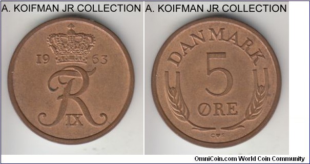 KM-848.1, 1963 Denmark 5 ore; bronze, plain edge; Frederik IX, common circulation issue, light brown uncirculated or almost.