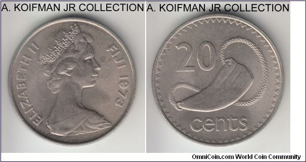 KM-31, 1973 Fiji 20 cents; copper-nickel, reeded edge; Elizabeth II, first decimal type, smaller mintage, decent lightly toned uncirculated grade.