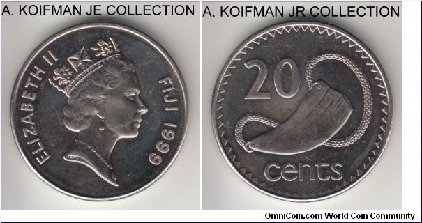 KM-53a, 1999 Fiji 20 cents; nickel-plated steel, reeded edge; Elizabeth II, second circulation type, uncommon in uncirculated condition.