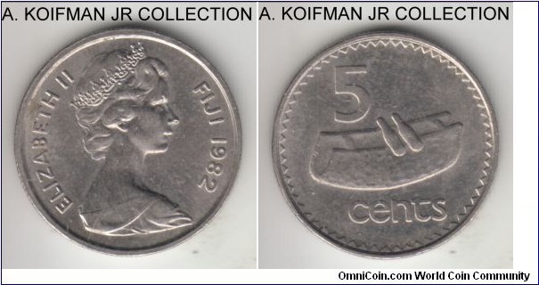 KM-29, 1982 Fiji 5 cents; copper-nickel, reeded edge; Elizabeth II, first decimal type, toned uncirculated or almost.