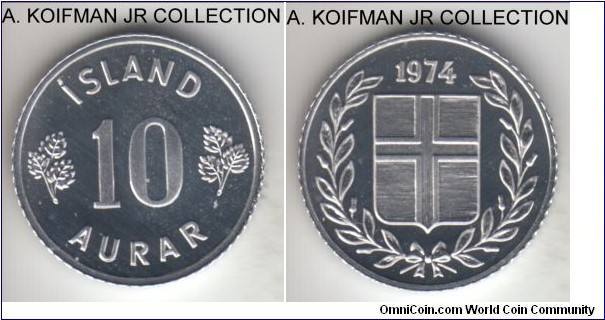 KM-10a, 1974 Iceland 10 aurar, London mint; aluminum, reeded edge; gem white proof, mintage 15,000.