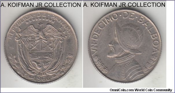 KM-10, 1966 Panama 1/10 balboa; copper-nickel clad copper, reeded edge; Type 1 (diamonts), London mint, extra fine details, toned, thin scratch on obverse.