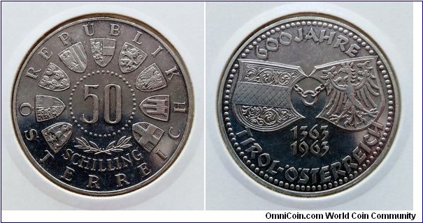 Austria 50 schilling.
1963, 600th Anniversary of the Austrian Tyrol. Ag 900. Weight; 20g.