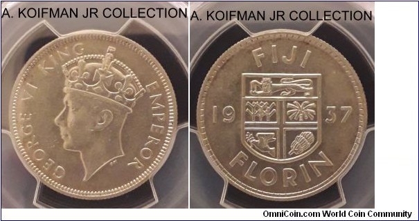 KM-10, 1937 Fiji florin; silver, reeded edge; George VI coronation year, 1-year type, scarce with mintage of 30,000, PCGS graded AU58.