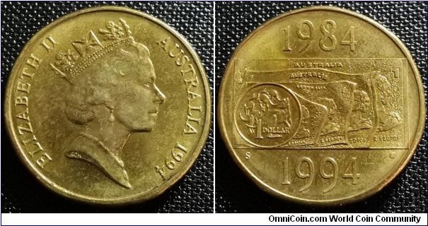 Australia 1994 1 dollar, NCLT. Commemorating dollar decade. Found in circulation. Mintmark S, mintage: 74,474.