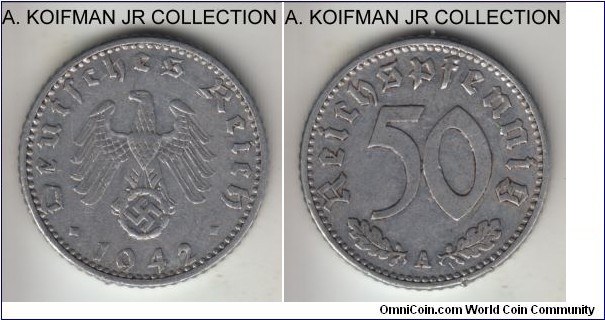 KM-96, 1942 Germany (Third Reich) 50 reichspfennig, Berlin mint (A mint mark); aluminum, reeded edge; war time issue, very fine or about.