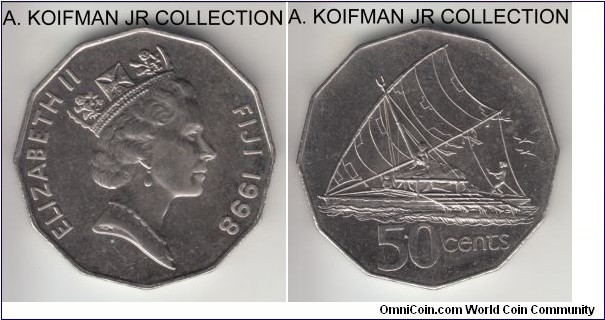 KM-54a, 1998 Fiji 50 cents; nickel-plated steel, 12-sided flan, plain edge; Elizabeth II, average uncirculated.