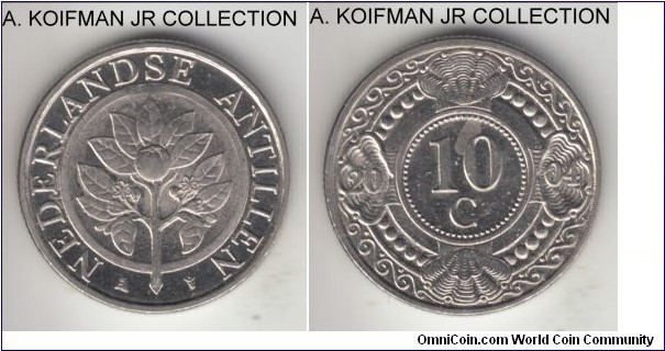 KM-34, 2004 Netherlands Antilles 20 cents; nickel plated steel, reeded edge; Beatrix, uncirculated or almost.